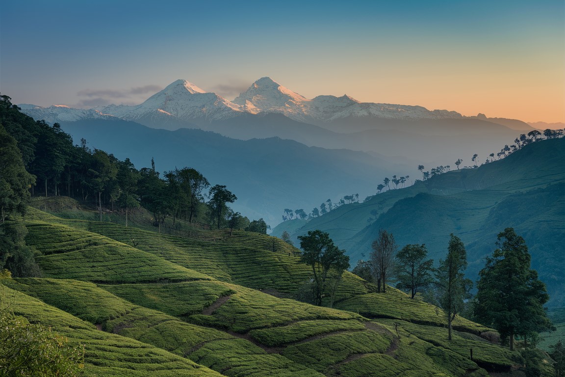 Tee-Anbaufelder im Darjeeling-Bergzug, Heimat des berühmten Darjeeling-Tees