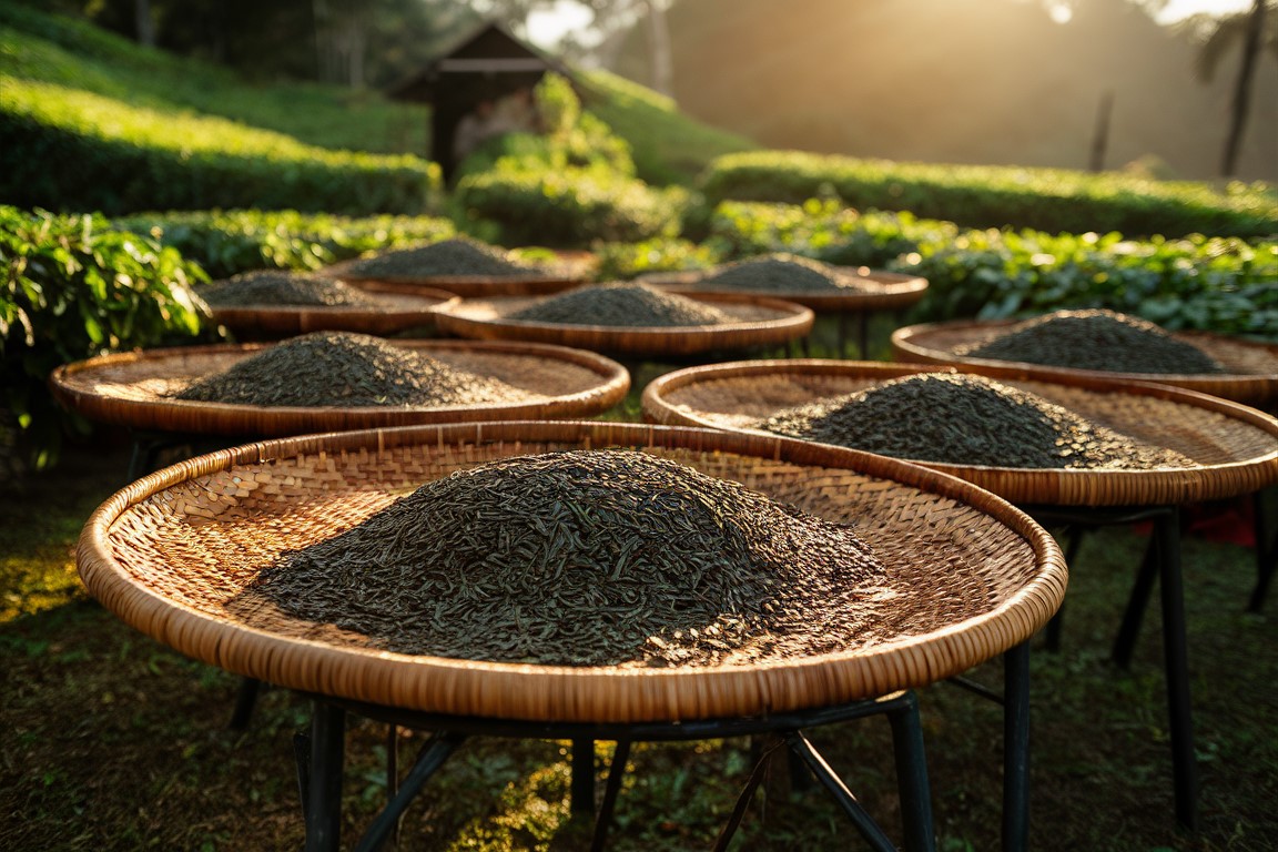 Teeblätter, die an der Sonne getrocknet werden, um hochwertigen Tee zu produzieren