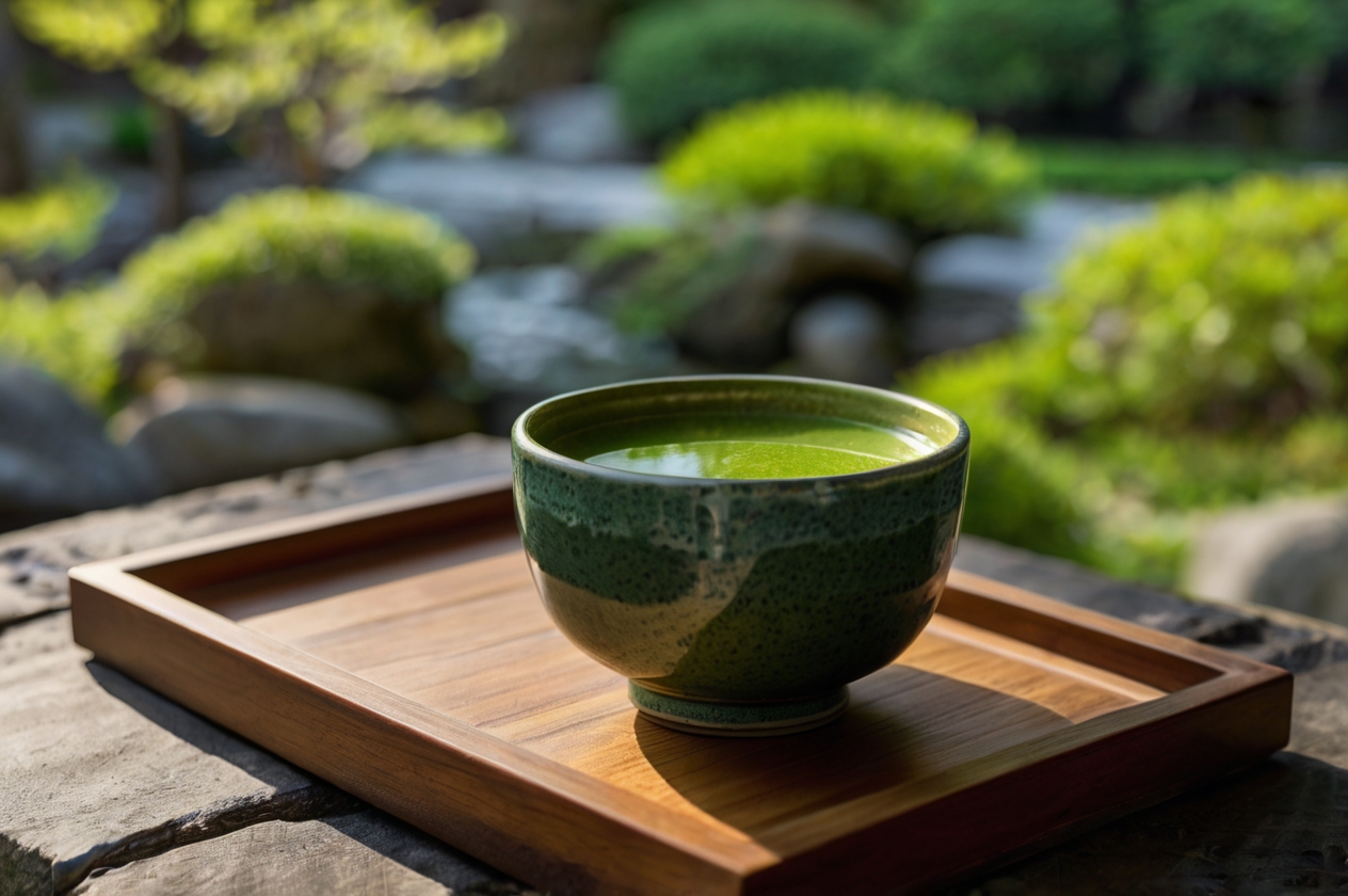 Gefäß mit Matcha-Tee vor einem japanischen Garten