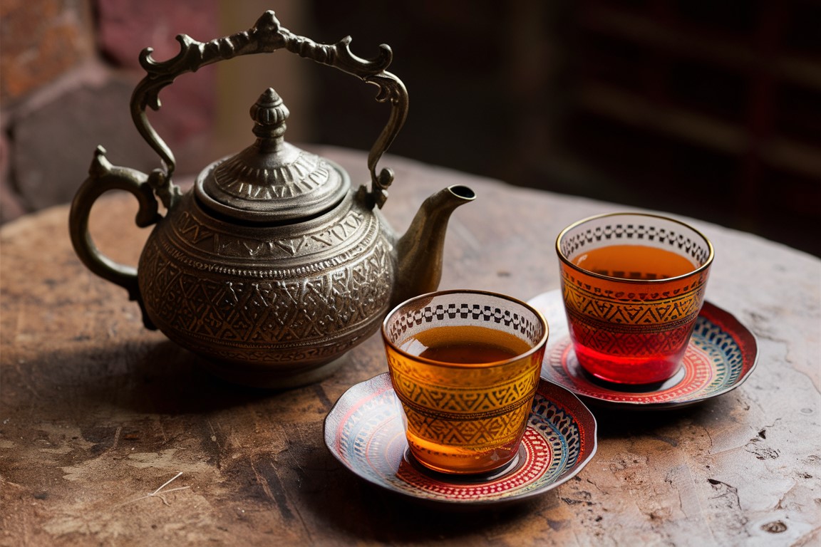 Marokkanische Teekanne mit zwei Teegläsern, traditionell servierter Tee im marokkanischen Stil