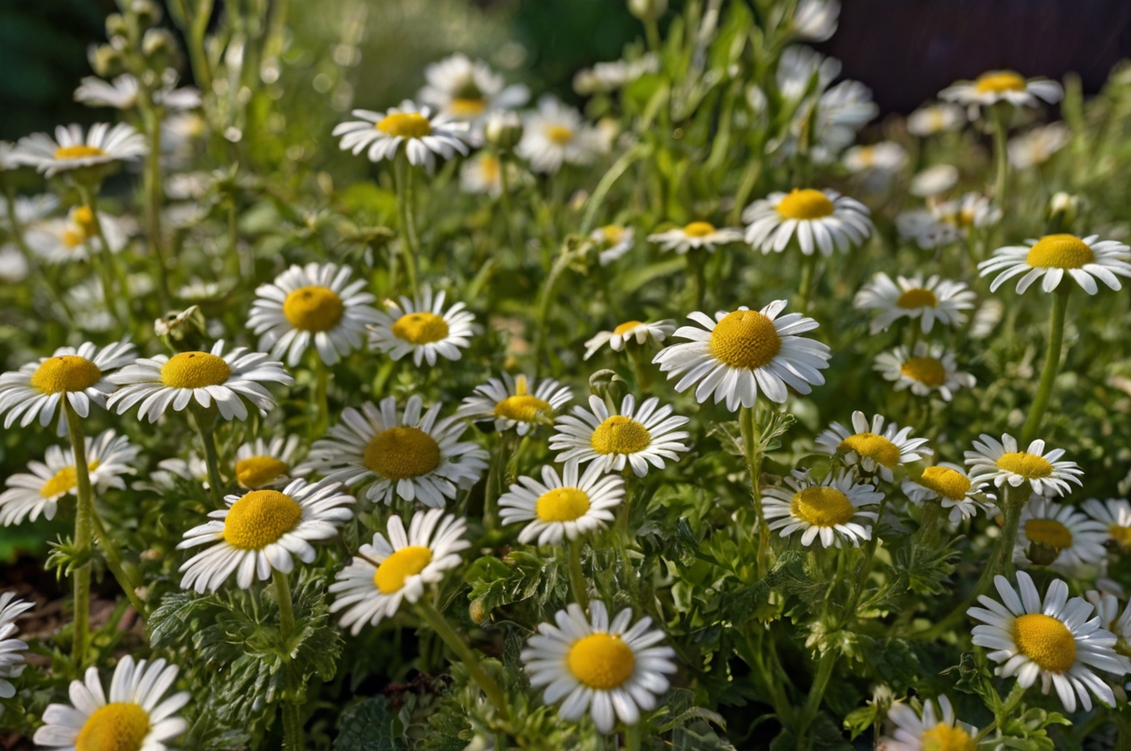 Ein Feld voller blühender Kamillenblumen, ideal für die Herstellung von beruhigendem Kräutertee.