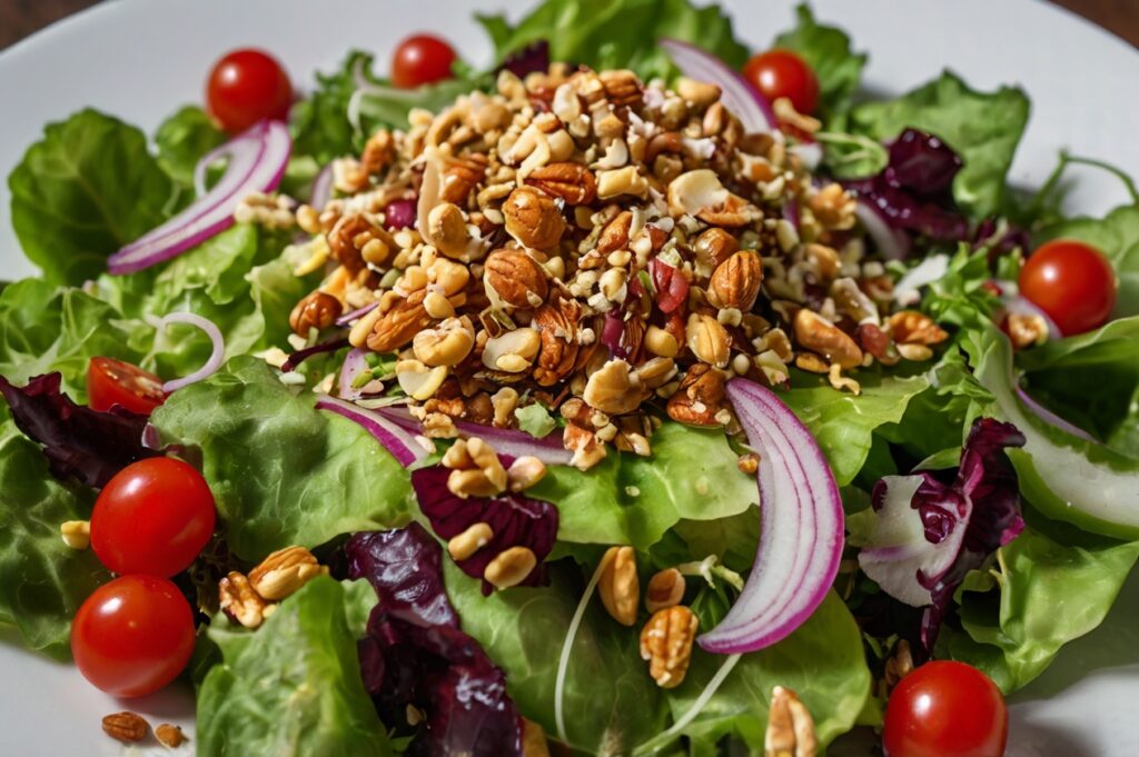 Frischer Salat mit Tomaten, Zwiebeln und einer großzügigen Menge Nüsse – gesunde und nahrhafte Mahlzeit.