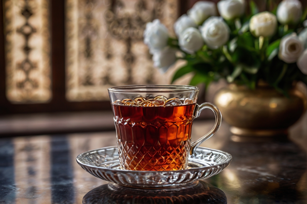 Glas mit Türkischem Schwarztee, serviert auf traditionelle Weise.