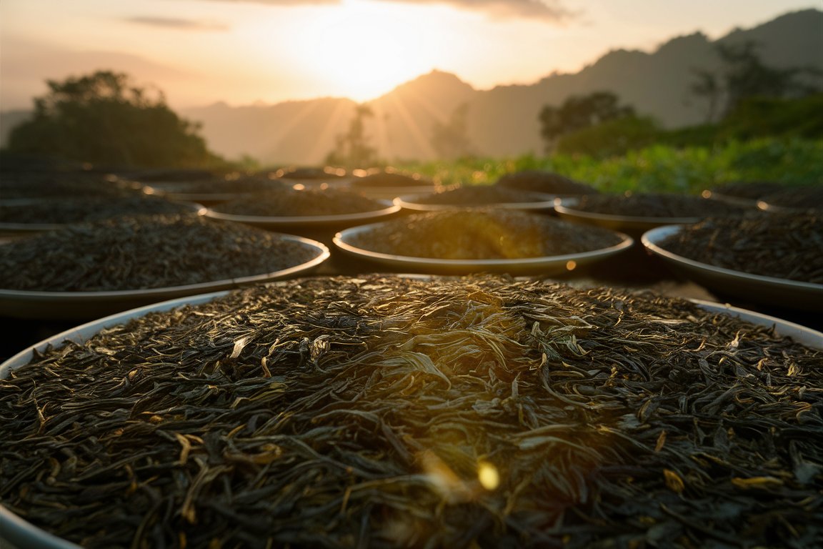 Teeblätter, die in der Sonne getrocknet werden, um für die Herstellung von Schwarzem Tee vorbereitet zu werden.