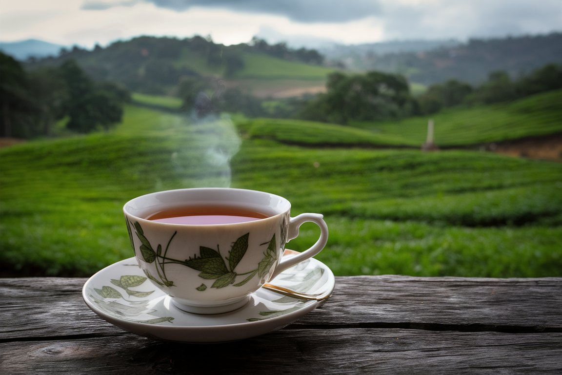 Schwarzer Tee mit Teeplantage in Sri Lanka im Hintergrund