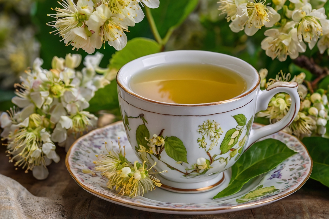 Eine Tasse Lindenblütentee mit frischen Lindenblüten im Hintergrund.