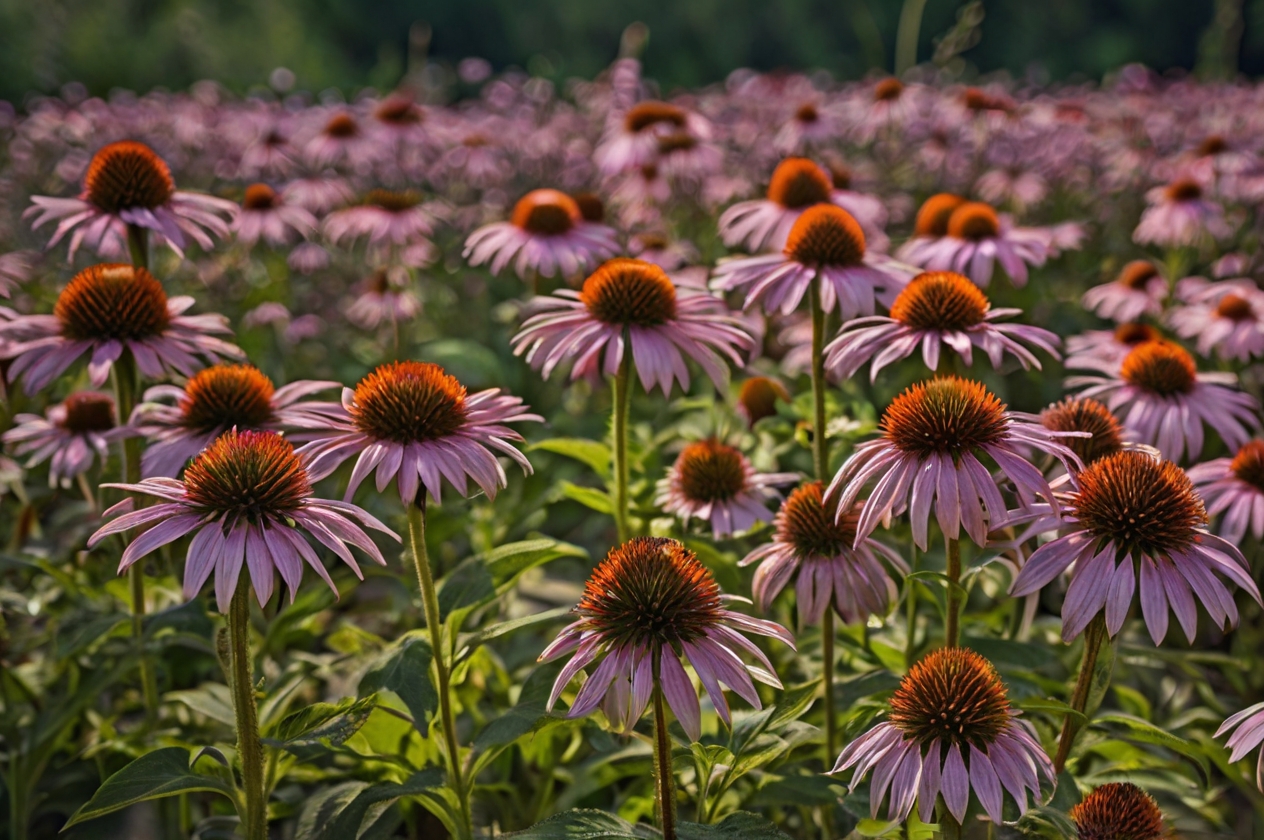 Ein Feld voller blühender Echinacea-Pflanzen (Sonnenhut), die für die Zubereitung von Kräutertee verwendet werden.