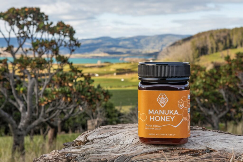 Glas Manukahonig vor Manuka-Bäumen und einer idyllischen Landschaft Neuseelands – besondere Honigsorte.