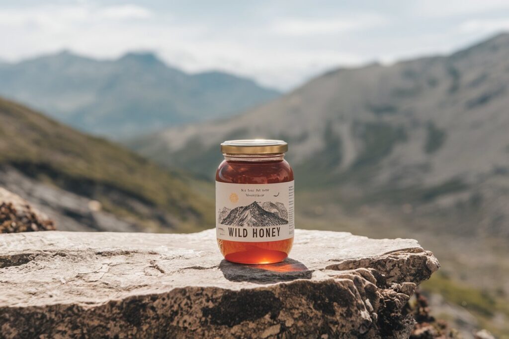 Glas Wildhonig auf einem Felsen in den Bergen.