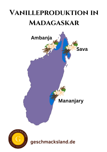 Karte von Madagaskar mit blau gekennzeichneten Vanille-Anbaugebieten.