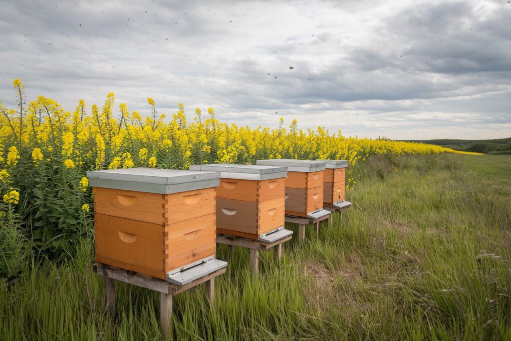 Bienenstöcke auf offenem Feld in Kanada neben einem Rapsfeld für die Rapshonigproduktion.