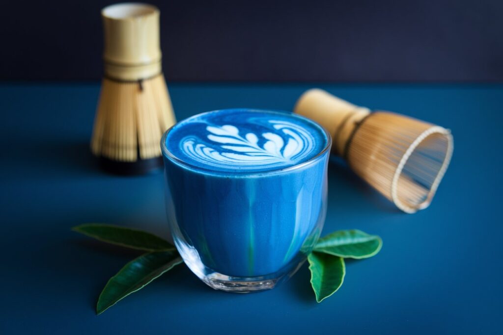 Glas mit blauem Matcha und Bambusbesen auf blauer Unterlage.