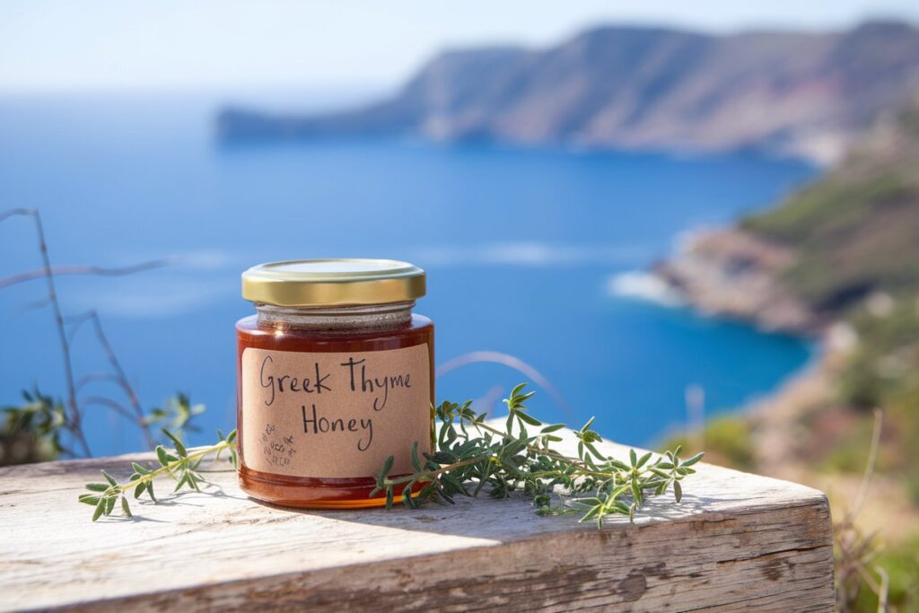 Glas mit griechischem Thymianhonig, Thymiankraut und griechischer Küstenlandschaft im Hintergrund.