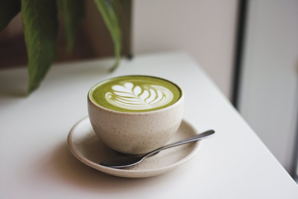 Weiße Tasse Matcha-Latte auf weißem Tisch.