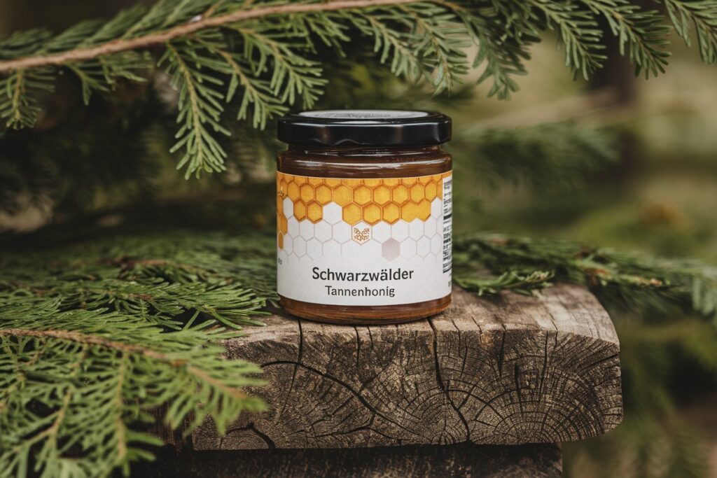 Glas Schwarzwälder Tannenhonig mit Bienenwaben-Label, umgeben von Tannenblättern auf Holzoberfläche.