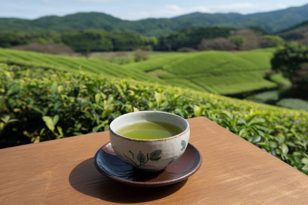 Japanischer Sencha-Tee in einer traditionellen Teeschale auf einem Tisch, im Hintergrund eine Teeplantage in einer hügeligen Landschaft.