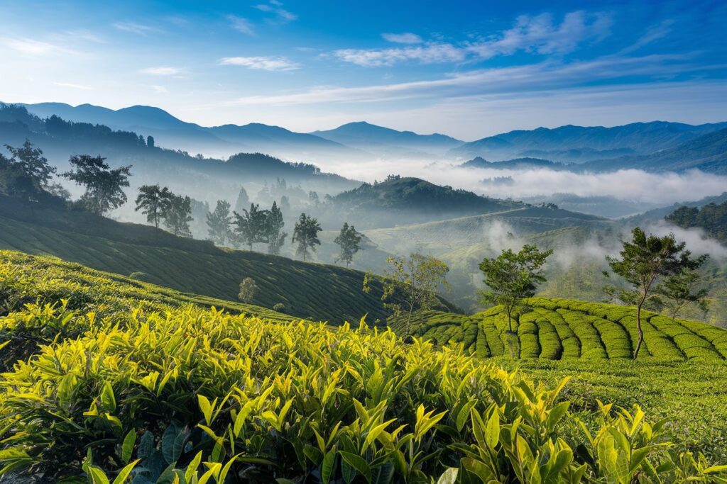 Hügelige Teeplantagen in Yunnan, China, mit grünen Teebüschen und nebelverhangenen Hügeln im Hintergrund.