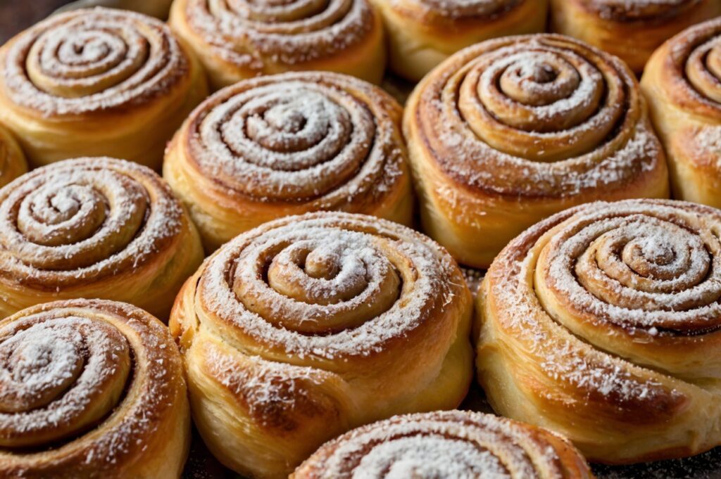 Mehrere Zimtschnecken mit weißem Puderzucker bestreut.