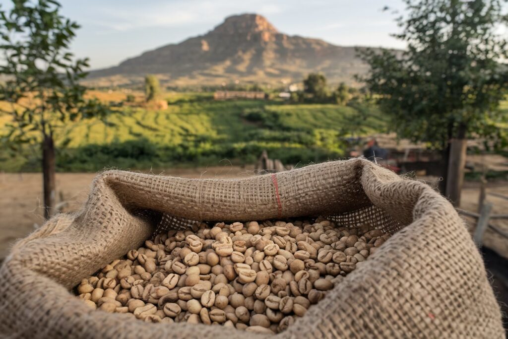 Ein geöffneter Sack voller Kaffeebohnen im äthiopischen Hochland. Das ursprüngliche Herkunftsgebiet von Kaffee.