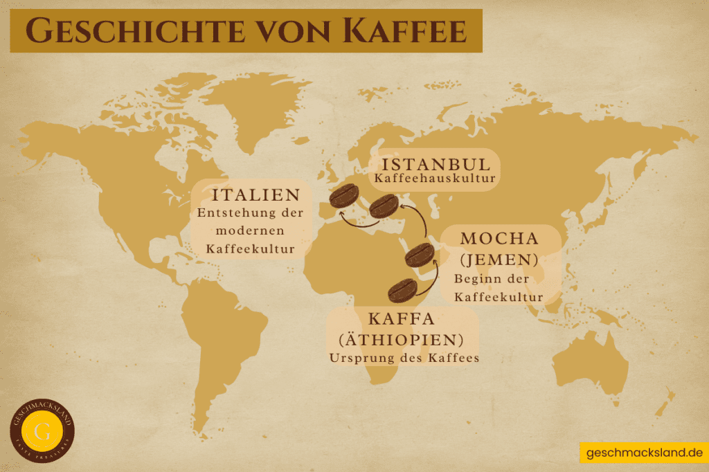 Karte zur Geschichte des Kaffees: Die Reise des Kaffees vom äthiopischen Hochland über Arabien und das Osmanische Reich bis nach Italien.