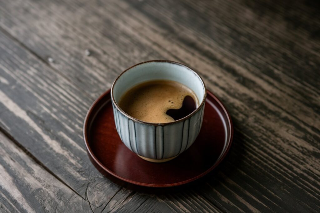 Traditionelle japanische Kaffeetasse auf einer schlichten Holzunterlage. Dies unterstreicht den Kaffee Trend in Asien.