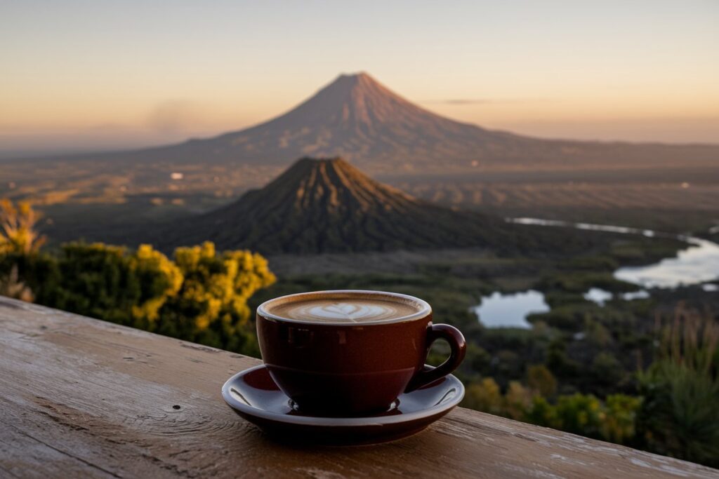 Kaffeetasse auf einer Holzterrasse mit Blick auf eine Vulkanlandschaft mit zwei dominierenden Vulkanen.