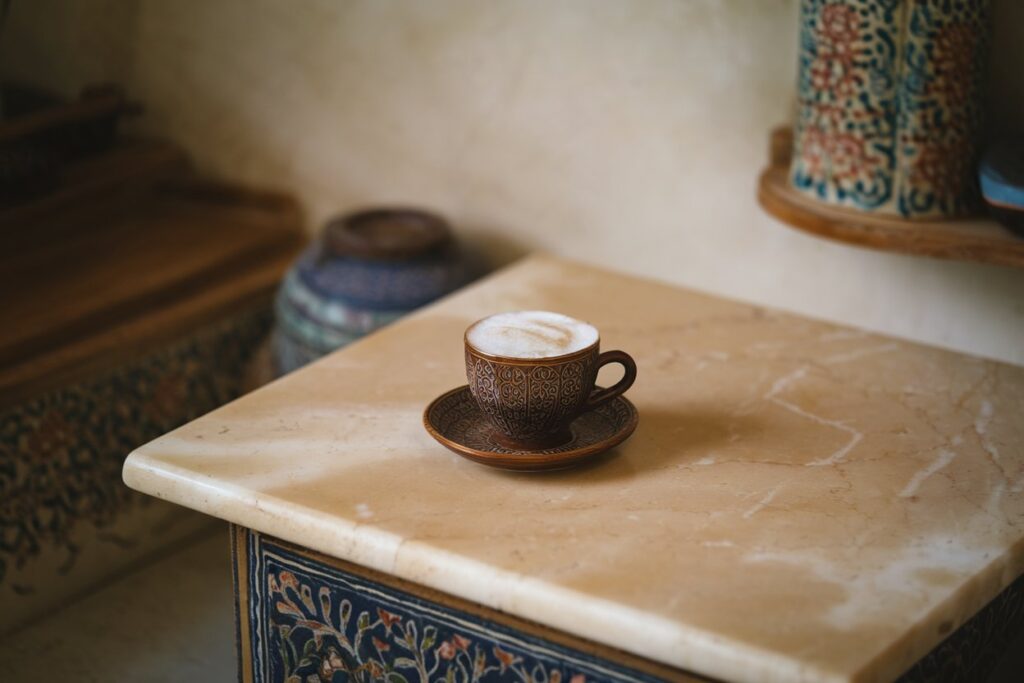 Arabische Kaffeetasse auf einem traditionellen Tisch in einem authentischen arabischen Raum.