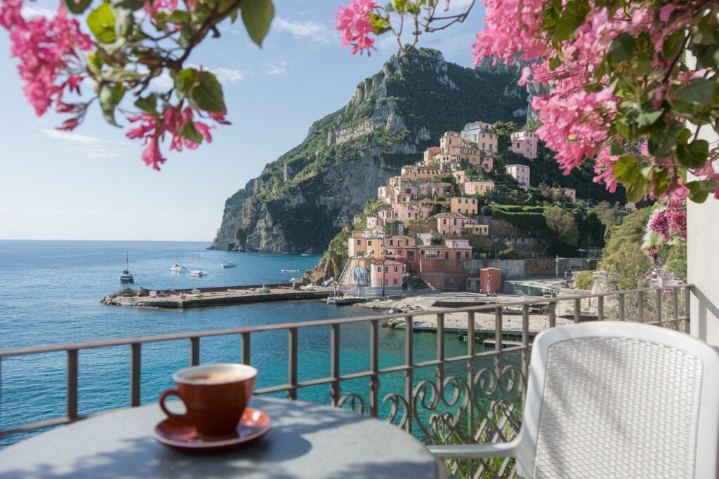 Kaffetasse auf einer Terrasse mit Blick auf das Meer und ein malerisches italienisches Dorf an einem Klippenhügel.