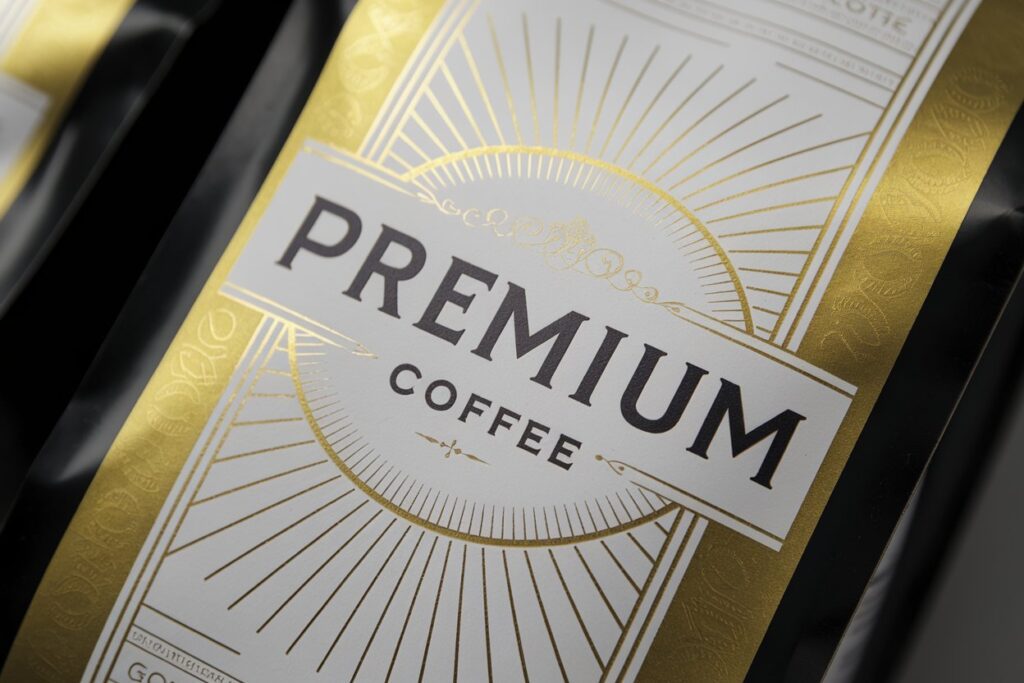 Schwarz-weiß-goldene Kaffee-Verpackung mit der Aufschrift "Premium Coffee" auf dem Etikett.