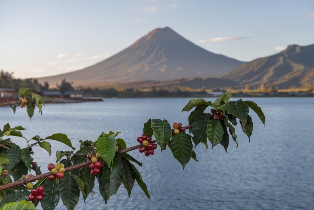 Ein Ast mit reifen Kaffeekirschen im Vordergrund, dahinter der Atitlán-See und ein Vulkan in Guatemala.