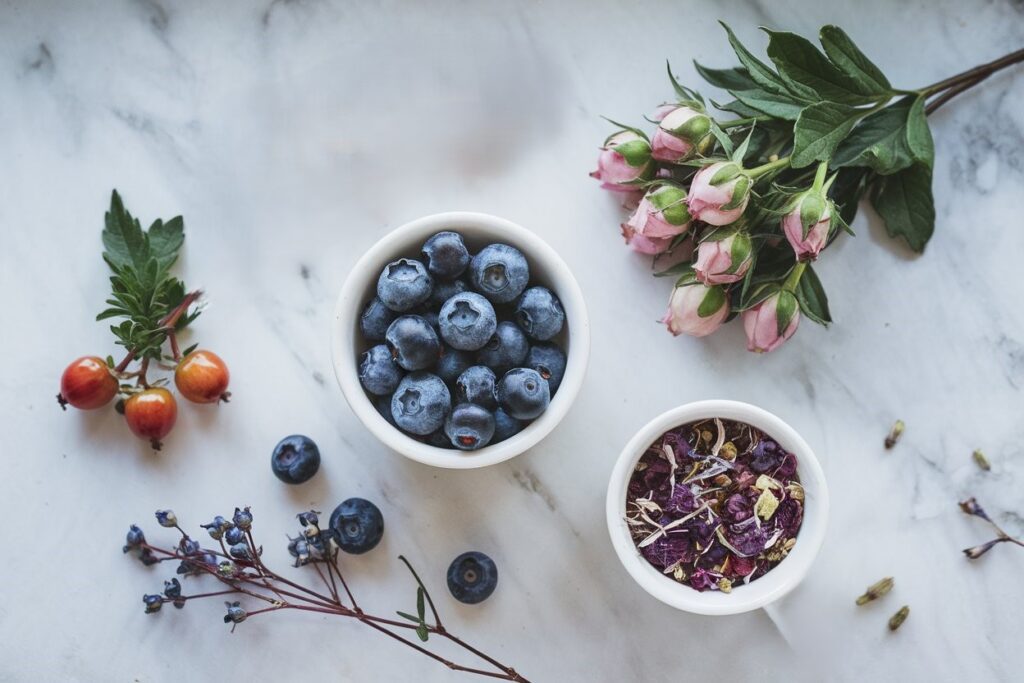 Blaubeeren und Hagebutten auf heller Marmor-Unterlage – Zutaten für schwedischen Blaubeertee