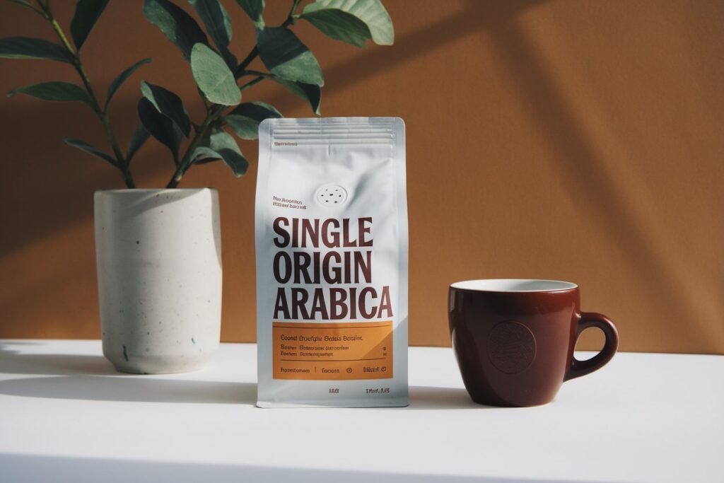 Weiße Kaffeeverpackung „Single Origin Arabica“ mit brauner Schrift, auf einem weißen Tisch neben einer Kaffeetasse und einer Vase mit Pflanze.