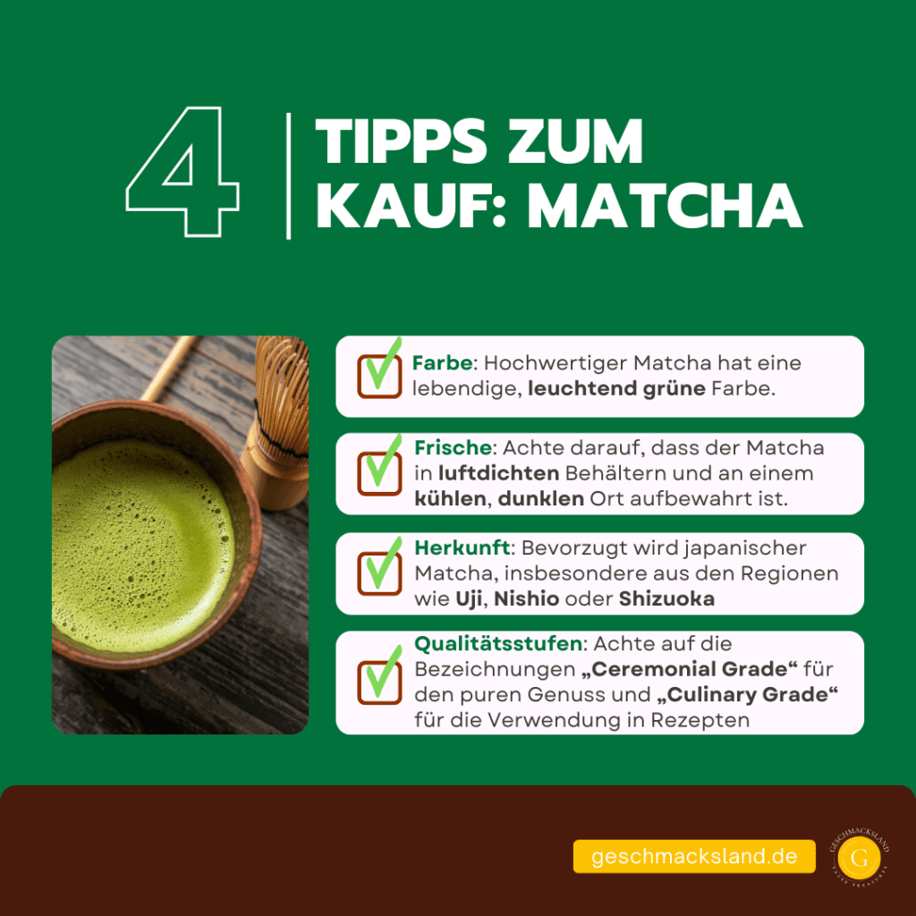 Infografik mit vier Kästchen, die beim Kauf von Matcha auf Farbe, Frische, Herkunft und Qualitätsstufen hinweisen.