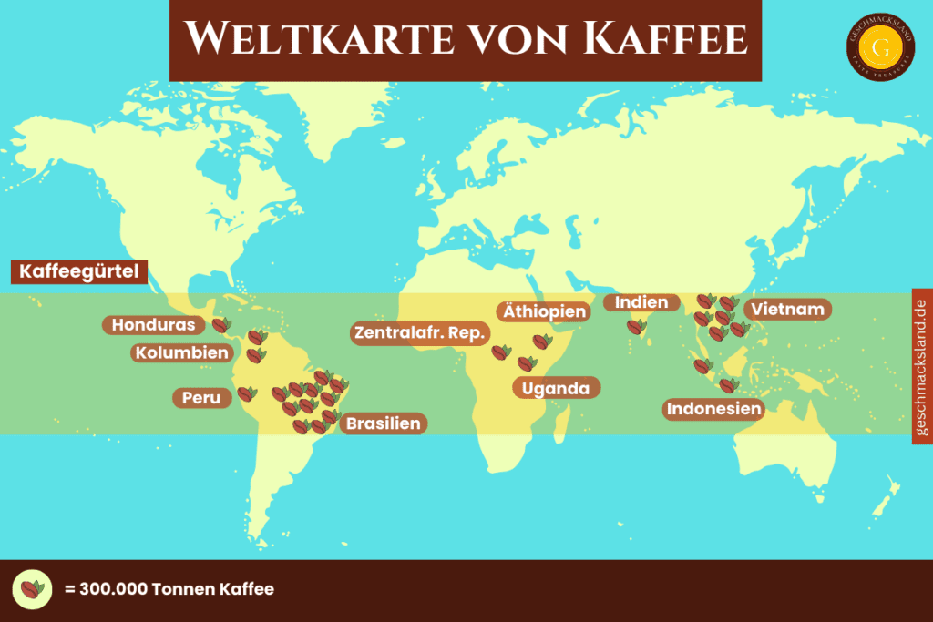 Weltkarte von Kaffee mit eingetragenem Kaffeegürtel und Icons für die wichtigsten Kaffeeanbauländer nach Produktionszahlen.