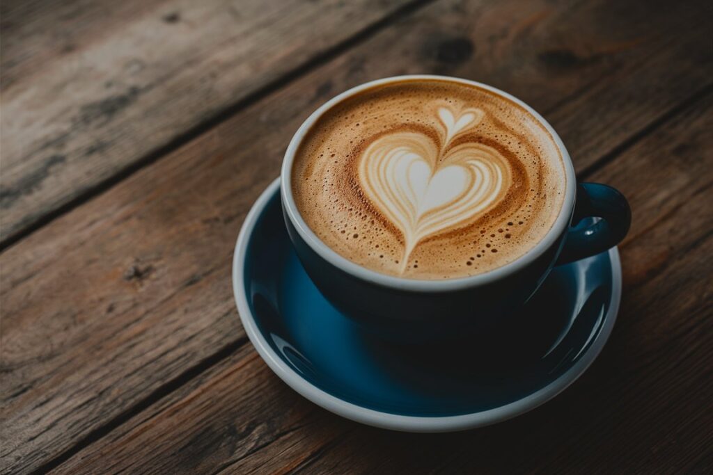 Café au Lait in klassischer Tasse auf Holzunterlage, perfekt für Milchkaffee-Liebhaber.