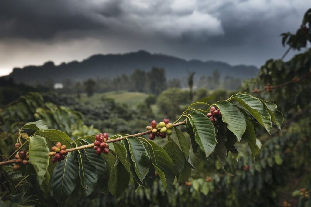 Ein Ast mit frischen Kaffeekirschen vor einer Kaffeeplantage in Malabar während der Monsunzeit.