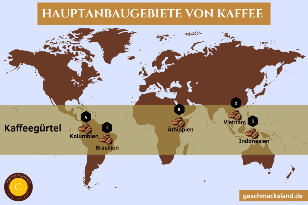 Weltkarte zeigt die wichtigsten Anbaugebiete für Kaffee weltweit.