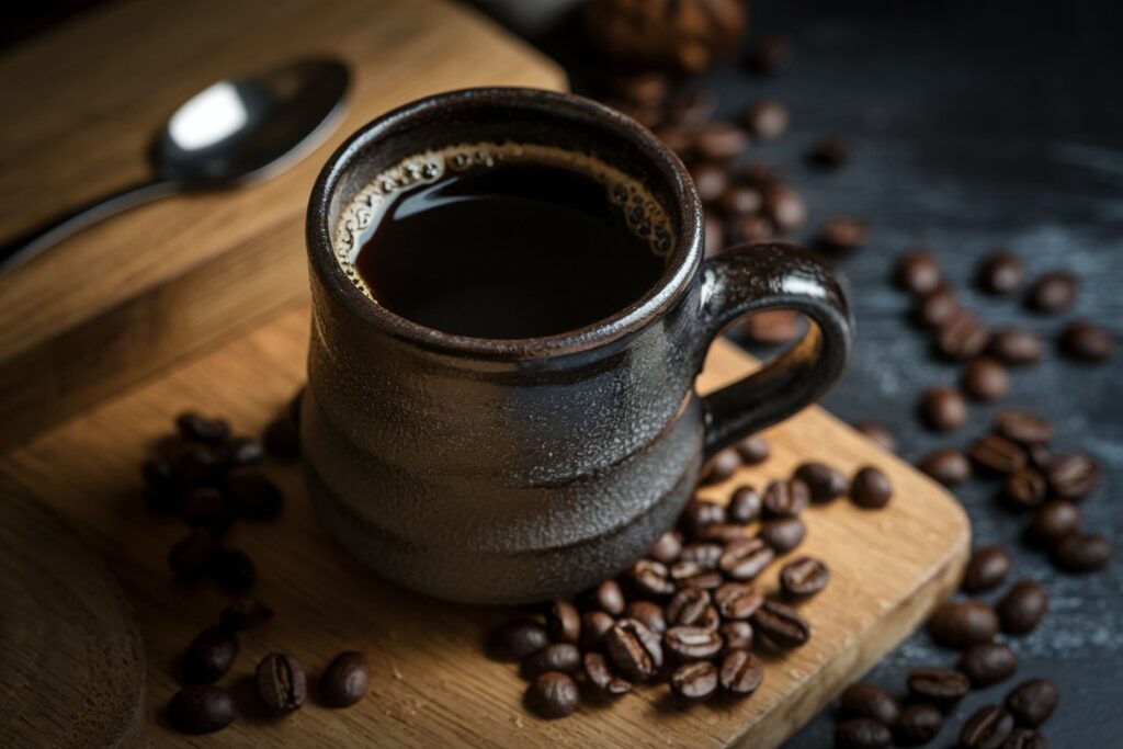 Schwarzer Kaffee in traditioneller Tasse mit Kaffeebohnen und Löffel auf Holzunterlage.