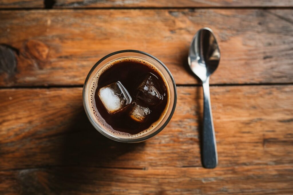 Vietnamese Coffee mit Eiswürfeln im Glas und Löffel auf Holzunterlage, ein erfrischender Kaffeegenuss.