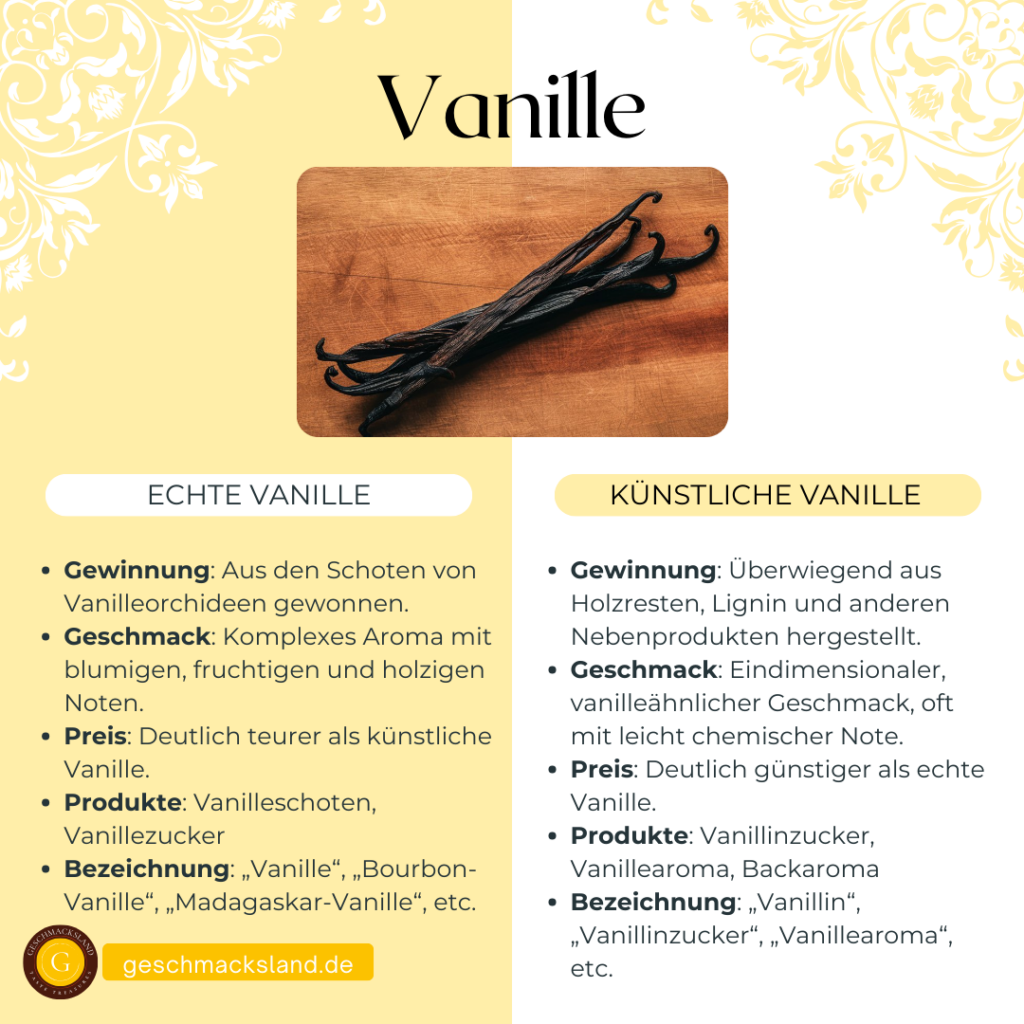 Infografik zum Vergleich von echter und künstlicher Vanille hinsichtlich Gewinnung, Geschmack, Preis, Produkten und Kennzeichnung.